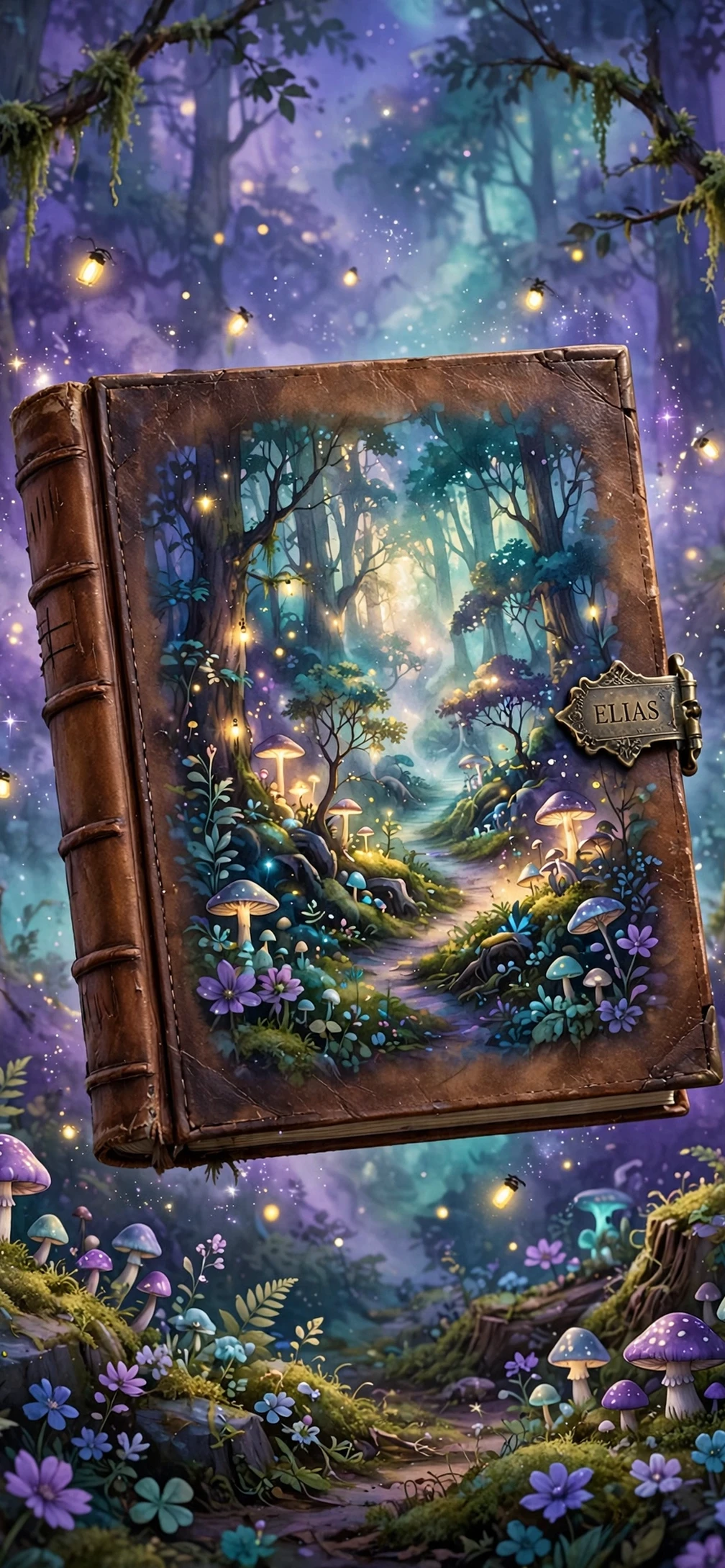 Fairy-tale hardcover: moonlit forest with fairies, floating over a purple forest