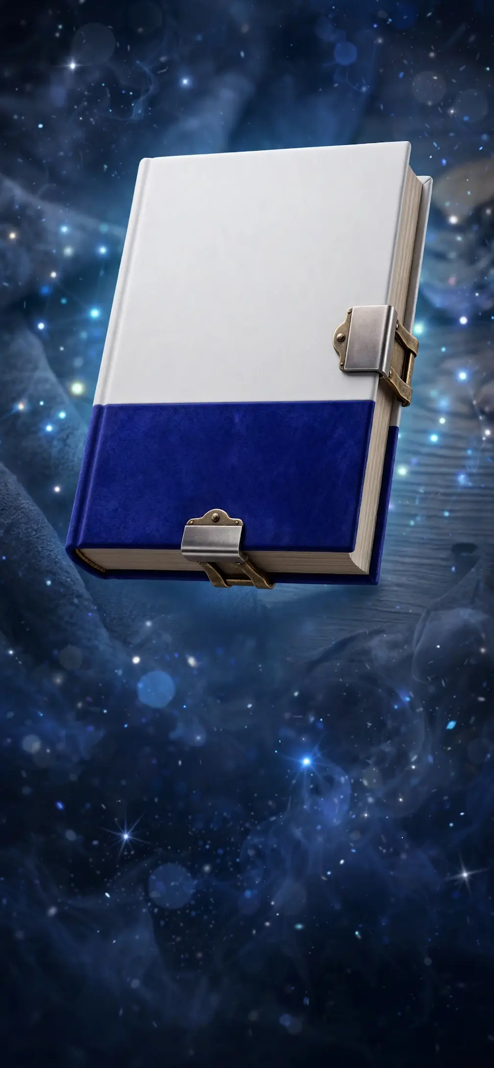 Modern hardcover: white and indigo book with clasps, floating over a starry blue night