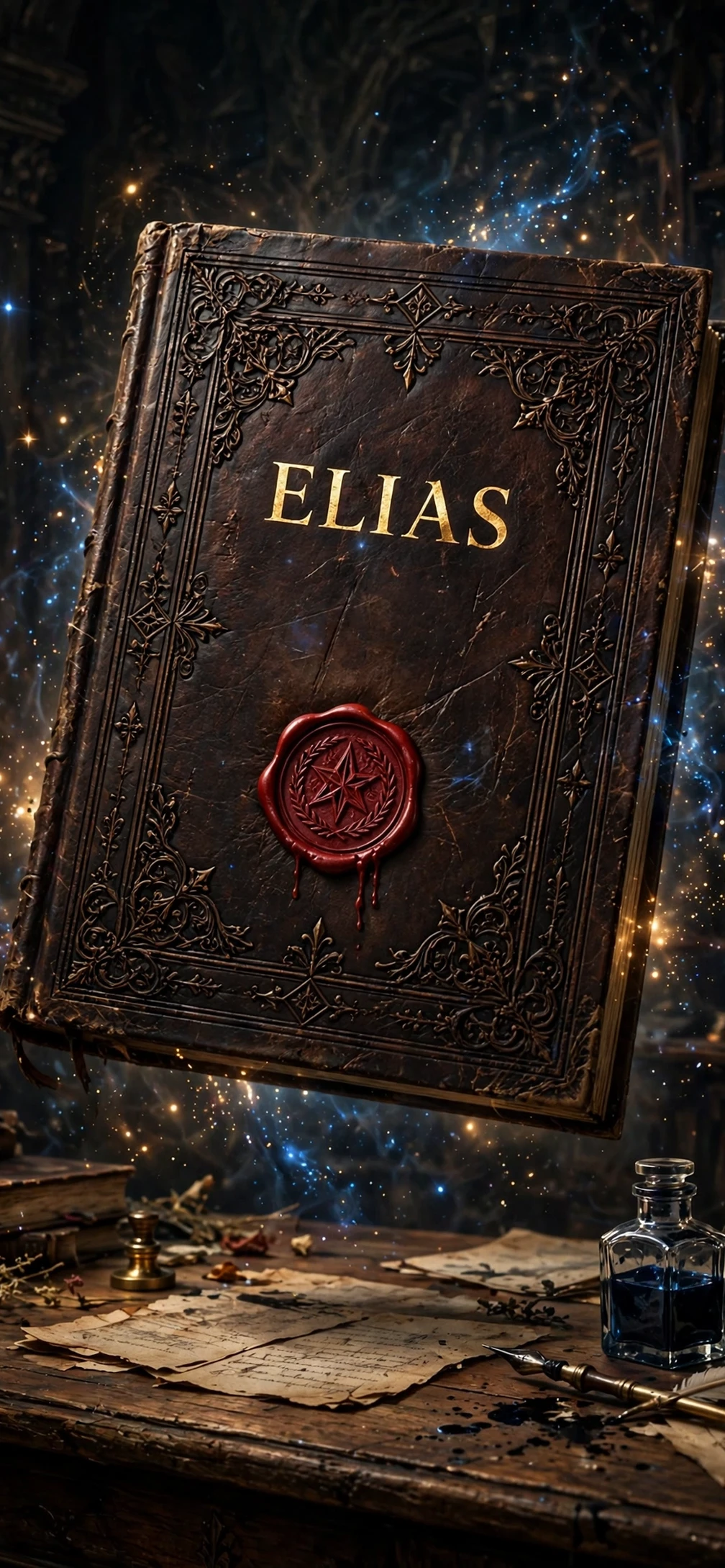 Dark leather tome titled Elias with a red wax seal, floating over an old library desk