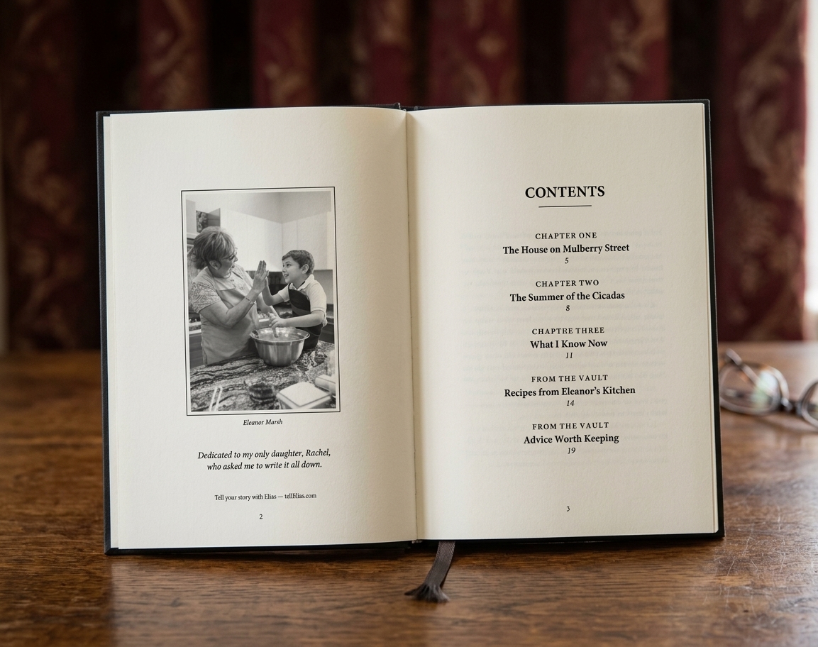 An open Elias memoir book showing a dedication page and contents, standing on a wooden table